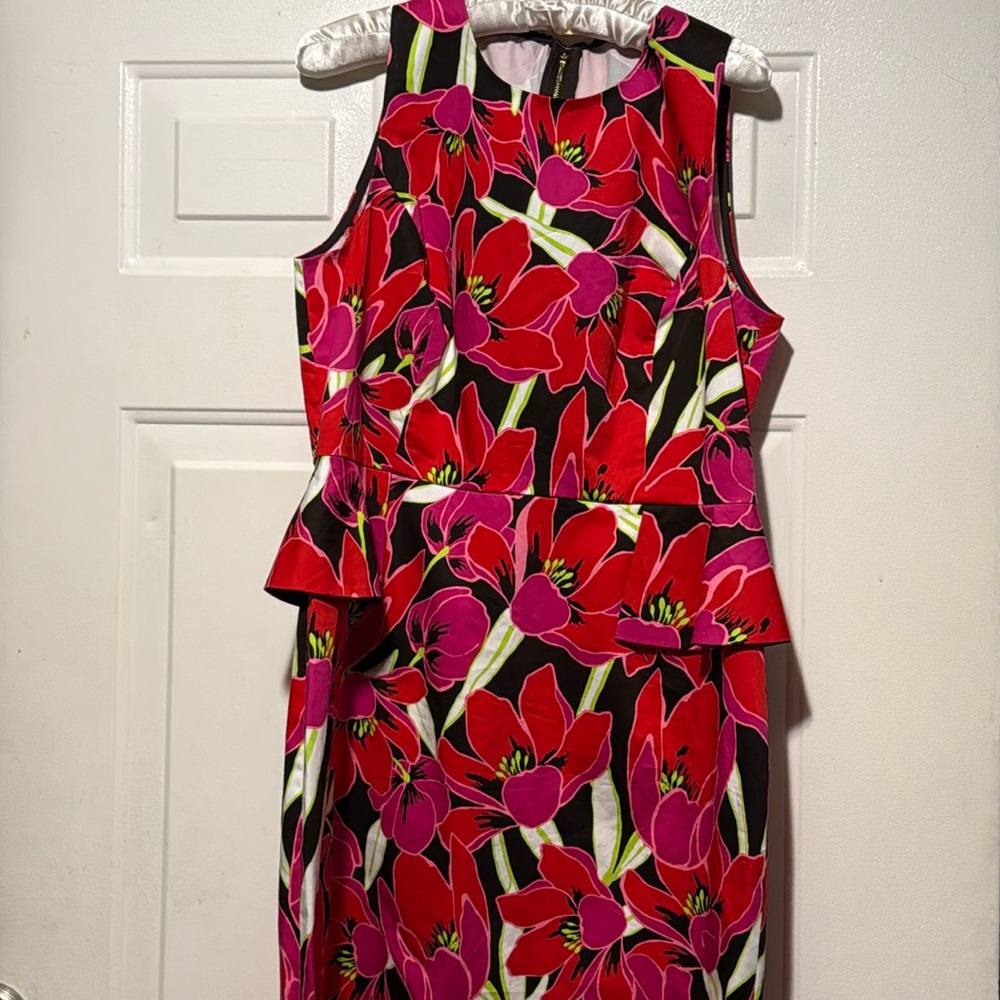 KATE SPADE Sz 14 RIO SLEEVELESS PEPLUM DRESS SHEATH Floral TROPICAL RED/PINK. - Picture 6 of 16